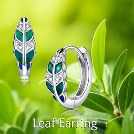 POPLYKE Green Leaf Earrings 925 Sterling Silver Small Hoop Earrings for Women Leaf Jewellery, Sterling Silver, Cubic Zirconia