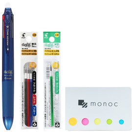 monoc Pilot Frixion Ball 4 Click Retractable 4 Color Gel Ink Erasable Multi Pen 0.38mm / Blue Black Body & Each 4 Color Refills (Black, Blue, Red, Green) Value Set Sticky note set(Japan Import)