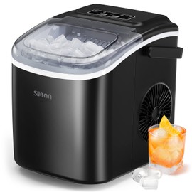 Silonn Ice Maker Countertop, 9 Cubes Ready in 6 Mins 26lbs in 24Hrs, Self-Cleaning Ice Machine with Ice Scoop and Basket, 2 Sizes of Bullet Ice for Home Kitchen Office Bar Party, Black