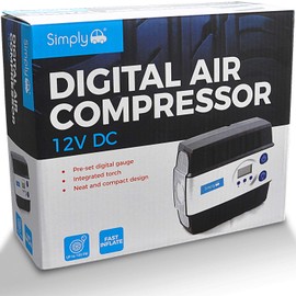 Simply DAC02 Digital Air Compressor, Air Compressor Tyre Pump LCD Gauge Display Screen, 100 PSI, 12V with Screw on Valve Connector, Integrated LED Torch, 2 Extra Nozzle Adaptors