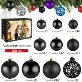 Taeku Christmas Baubles Set, 100 Pieces Christmas Tree Decorations, Plastic, Matt, Glossy, Christmas Tree Baubles, Christmas Tree Decorations, Pendants, Christmas Decoration, Diameter 3-6 cm (Black)