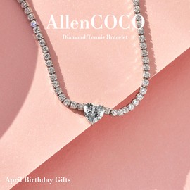 AllenCOCO Sterling Silver Heart Birthstone Bracelet - April, 14K White Gold Plated, AAAAA+ CZ Cubic Zirconia, Tennis Chain with Heart Charm, Hypoallergenic, Non-Tarnish Jewelry Gift for Women
