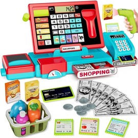 HUAJUN Children's Electronic Cash Register Toy, Lighting and Sound Shopping Cashier Pretend Game Store, with Calculator/Scanner/Credit Card/Game Currency/Weighing Table, for Toddler Boy Girl