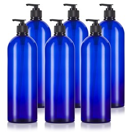 JUVITUS 32 oz Cobalt Blue Boston Round PET Bottles with Black Lotion Pump (6 pack)