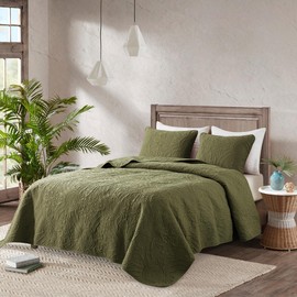 ROARINGWILD Boho Green Queen Size Quilt Bedding Sets with Pillow Shams, Olive Lightweight Soft Bedspread Coverlet, Thin Comforter Bed Cover, All Season, 3 Pieces, 90x90 inches