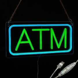 ATM Neon Sign, Small Size, 12"×6", USB Powered, 9 Levels of Brightness, Suitable for Bank Supermarket Convenience, Easy to Install on Store Wall Window as Room Decoration (Green, Transparent Acrylic)