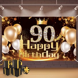 Happy 90th Birthday Banner, Black Gold 90th Birthday Decorations for Men Women Extra large Birthday Sign Poster Photo Booth Background Banner for 90th Birthday Party 70.8 X 43.3in