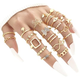 Rings for Women Vintage Boho Finger Joint Rings Set Butterfly Flower Heart Geometric Rings suit (Gold, One Size)