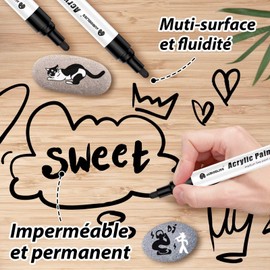 Aurobliss Acrylic Pens Black Pack of 8 Waterproof Pens for Wood, Canvas, Stones, Plastic, Clothing, Fabric - 2-3 mm Thick Tip, Permanent Black Ink