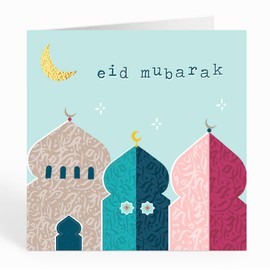 Islamic Moments Eid Mubarak Greeting Card 3 Mosques Aqua Blue & Pink Masjid With Islamic Calligraphy