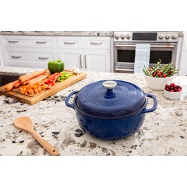 Lodge 7.5 Quart Enameled Cast Iron Dutch Oven with Lid – Dual Handles – Oven Safe up to 500° F or on Stovetop - Use to Marinate, Cook, Bake, Refrigerate and Serve – Indigo