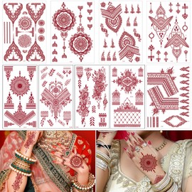 Brown Tattoos Stickers, 9 Sheets Mehndi Temporary Tattoos Set Waterproof Tattoo Stickers for Hand Arm Adult Girls
