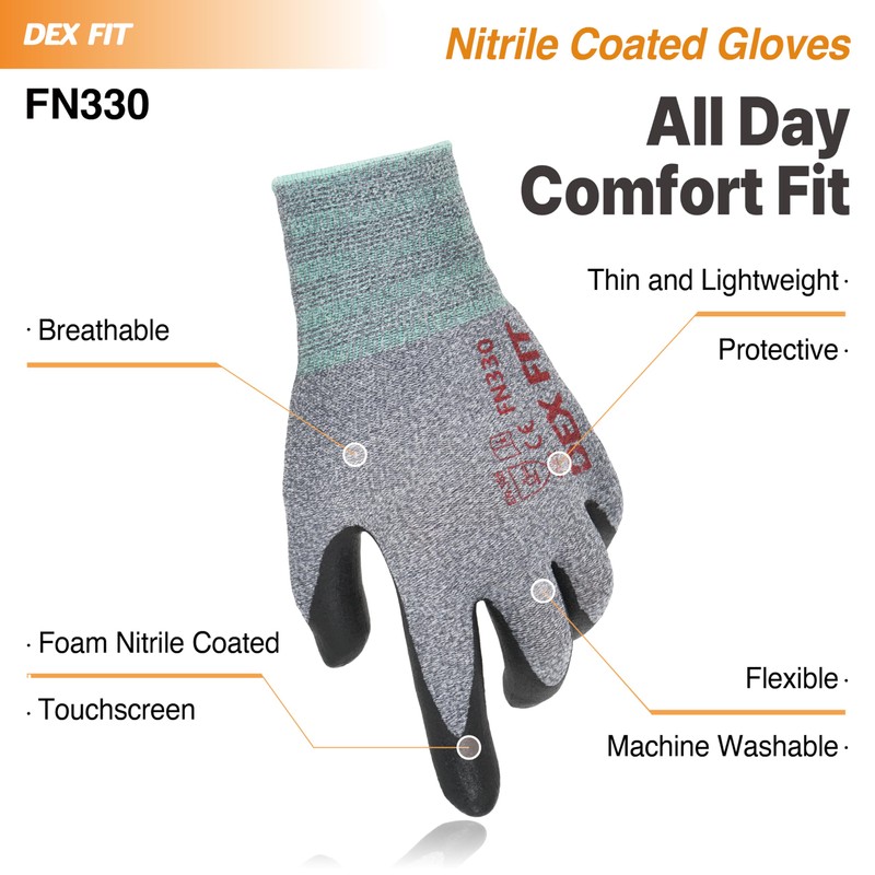 DEX FIT Nitrile Work Gloves FN330, 3 Pairs, 3D-Comfort Stretchy