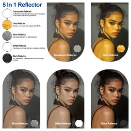 WELLMAKING 72'' Reverse Collapsible LED Light Stand with 32‘’ Dual Handle Collapsible 5-in-1 with Pouch and Tilt Adapter Photographic Reflector Set for Streaming, vlog; Silver, Gold, White and Black