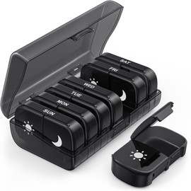 PULIV Extra Large Weekly Pill Organizer 2 Times a Day, One-Side Open Pill Box 7 Day for Easy Filling, Black Privacy Protection AM PM Pill Case for Vitamins, Medication, Supplements, Fish Oils Black