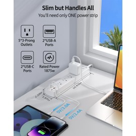 DEPOW 5-Outlet Power Bar Surge Protector with 4 USB Ports (2 USB C), 10 Ft Ultra Thin Extension Cord, Low Profile Flat Plug, 15 Amp Circuit Breaker, 1700 Joules, Wall Mount for Home Office, White