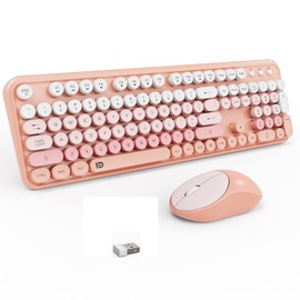 Wireless Keyboard and Mouse Combo, 105 Round Keys Full-Size Cute Colorful Pink Cordless Keyboard and Mouse with Retro Typewriter for PC/Mac/Laptop/Tablet/Computer/Windows Pink