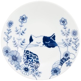 Ceramic Indigo Ronron and Mew Small Plate, Mew Size: Approx. φ5.3 inches (13.5 cm), H2.5 inches (13477 mm)