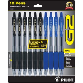 PILOT G2 Premium Refillable & Retractable Rolling Ball Gel Pens, 0.7mm Fine Point, 6 Black and 4 Blue Pens (Pack of 1, 10 Count Total)