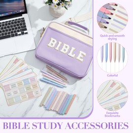 Sinload Large PU Leather Chenille Letter Bible Cover for Woman with Journaling Accessories Bible Tabs 6 Colored Gel Pen 12 Highlighters for Study Gift for Christmas 12 x 9 x 2.5(Purple)