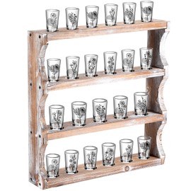 DoubleFill Wood Shot Glass Display Case Shot Glasses Holder Wall Floating Shelves Bar Collection Stand Collection Display Rack (Vintage Brown)