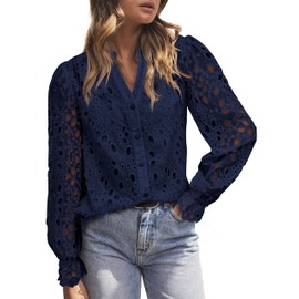 MASCOMODA Womens Tops Dressy Casual Fall Puff Long Sleeve Eyelet Button Shirts V Neck Lace Embroidered Hollow Out Work Blouse(Navy,X-Large)