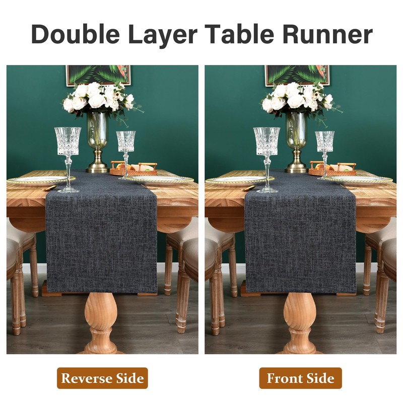 Reversible Double Layer Table Runner Faux Linen Fabric Charcoal Table