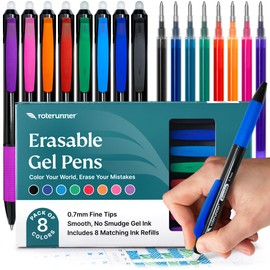 Roterunner 8 Multicolor Erasable Gel Pens + FREE Ink Refills 0.7mm Retractable Fine Point Smooth Planner Pens Eraser Pen for Coloring Best Erasable Pens for Kids & Adults (Black Casing)