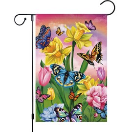 Louise Maelys Welcome Spring Garden Flag 12x18 Double Sided, Burlap Small Vertical Butterfly Floral Flower Garden Yard House Flags Outside Outdoor House Spring Summer Decoration (ONLY FLAG)