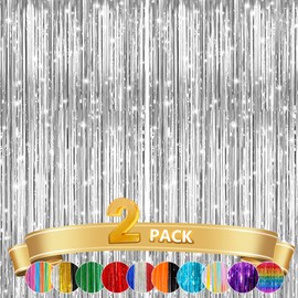 2 Pack Silver Metallic Tinsel Foil Fringe Curtains, Door Streamers Photo Booth Backdrop for Birthday Party, Tinsel Curtain Backdrop for Baby Shower Bachelorette Christmas Party Decorations