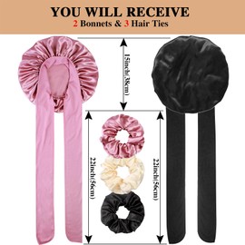 2+3 Large Satin Bonnets with Scrunchies for Women, Hair Bonnet Sleeping Tie Bonnet for Braids Curly Hair, A