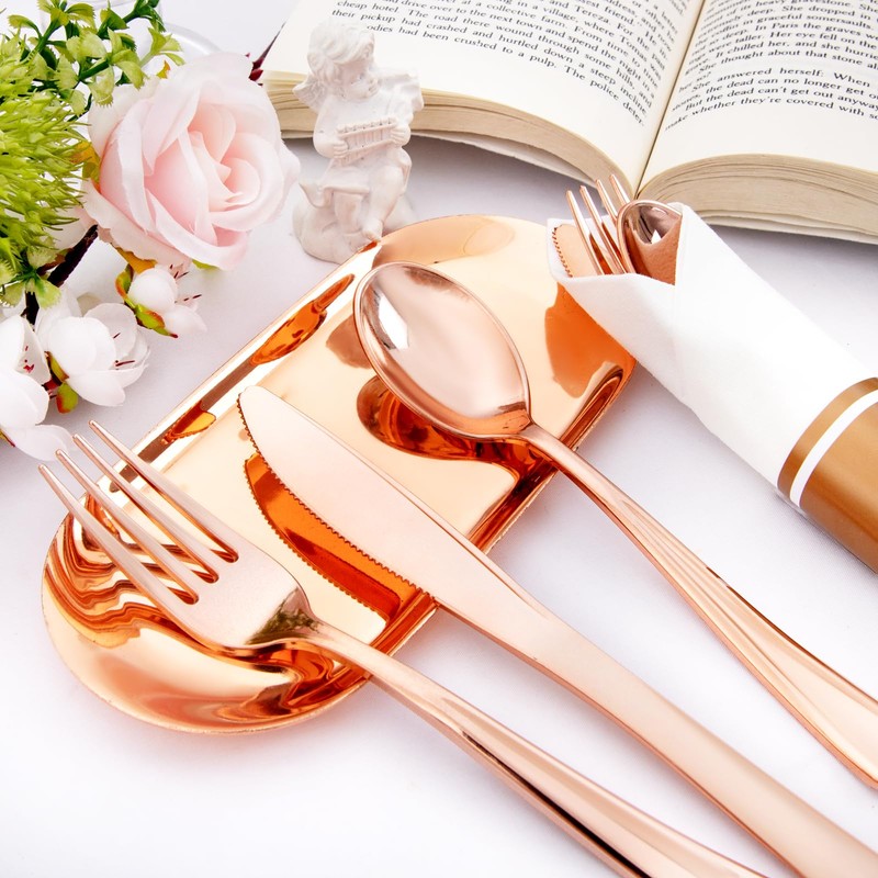 Liacere 100Pack Rose Gold Plastic Silverware - Pre Rolled Napkins