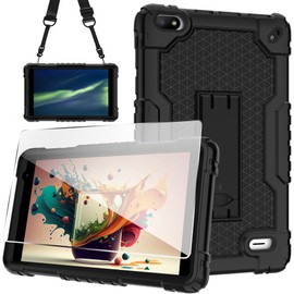 Doemoil Case for BLU M8L 2022,BLU M8L Plus 8 inch Tablet - [Built-in Kickstand] Anti Slip Kids Friendly Shockproof Silicone Protective Cover with Screen Protector (Black/Black/1 PC)