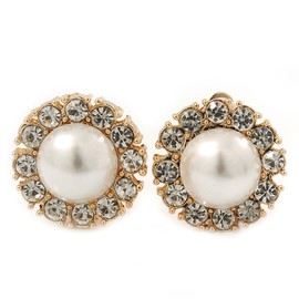 23mm D/Crystal Simulated Pearl Flower Clip-On Earrings/Gold Tone