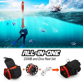 Marcador de superficie boya de buceo con carrete, tubo de señal de fondo abierto de alta visibilidad, salchicha de seguridad con bolsa de bolsa, carrete de buceo ABS de 100 pies y broche de tornillo