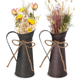 WANDGU Set of 2 Vintage Decorative Metal Flower Vase Set: French Country House Style Primitive Jug, Shabby Chic Vintage Vase, Unique Flower Vases for Living Room, Wedding Decoration, Party, Home