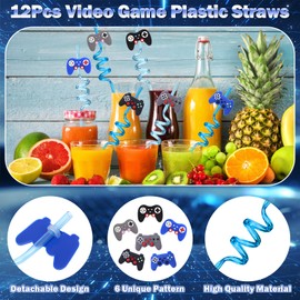 ESAG 124Pcs Video Game Party Favors Gamer Birthday Supplies - Controller Straw Paper Bag Stamper Bracelet Glow Sticker Keychain Vinyl Sticker Pinata Filler Goodie Stuffer Boy Kids Game On Gaming Decor