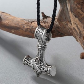 Chandler Vintage Viking Norse Thor's Hammer Necklace Pendant for Men Silver Celtic Knot Wolf Mjolnir Hip Hop Rapper Gift, Nylon Silver, Nylon silver