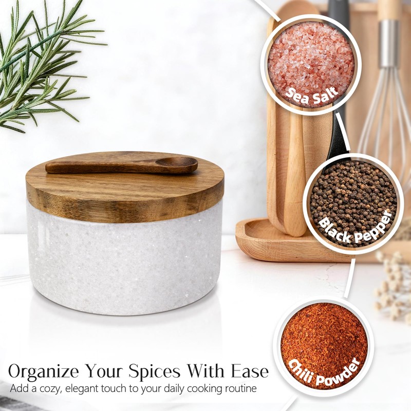 Vorisebo Marble Salt Cellar with Lid & Spoon, Salt Container,