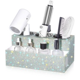 Honeydak Bling Silver Hair Tool Organizer Glitter Bathroom Acrylic Blow Dryer Holder for Countertop Women Girls Essentials Rhinestone Perfume Makeup Storage Hair Styling Tools Toiletries Accessories