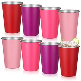 Baderke 8 Pack 16 oz Metal Cups Gradient Pink Blue Stainless Steel Cups 4 Color Stackable Pint Tumbler Drinking Glasses for Travel Camping Outdoors, Unbreakable(Gradient Pink)