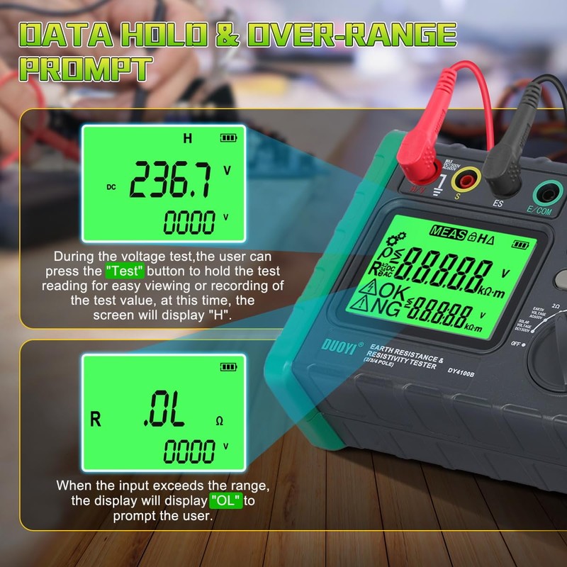 DUOYI Earth Resistance Tester 0.03-2000 ohm Meter,Upgraded Digital Earth Ground