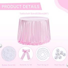 Round Tablecloth 228 x 228 cm Satin Tablecloth DIY Washable with Bow and Beads Tablecloth for Wedding, Party, Christmas, Banquet, Birthday Pink