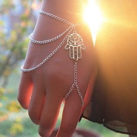 Sttiafay Finger Ring Braclet Silver Hamsa Charm Hand Bracelet Boho Hand Chain Slave Ring Bracelet Hand Jewelry for Women Girls