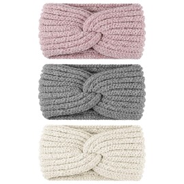 Huiguli Pack of 3 Women's Winter Headbands, Children Girls, Autumn and Winter, Simple and Versatile Headbands, Knitted Hair Band, Ear Warmers (White + Grey + Pink, 28 x 20 x 4 cm)