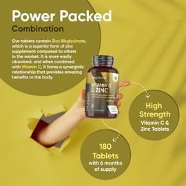 Vitamin C and Zinc Tablets - 6 Months Supply - 1000mg L-ascorbic Acid with Added Zinc - Natural Immunity Supplement (180 Vegan Tablets) - High Strength Vitamin C & Zinc Supplement for Adults