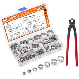 HELIFOUNER 100 Pieces 6-21mm 304 Stainless Steel Single Ear Hose Clamps with Pincers Kit