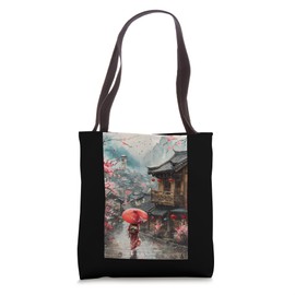 Geisha in Rain - Watercolor Art with Red Wagasa - Minkas Tote Bag