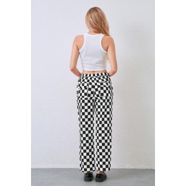 HOCANDY Womens Checkered Pants Zip Off Plaid Gingham Pants Casual Elastic High Waist Straight Leg Jeans with Pockets Black White
