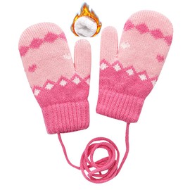 CXQRR Toddler Kids Knit Mittens for Girls Boys, Winter Gloves Doulbe Layer Thick Fleece Lining with String for Cold Weather